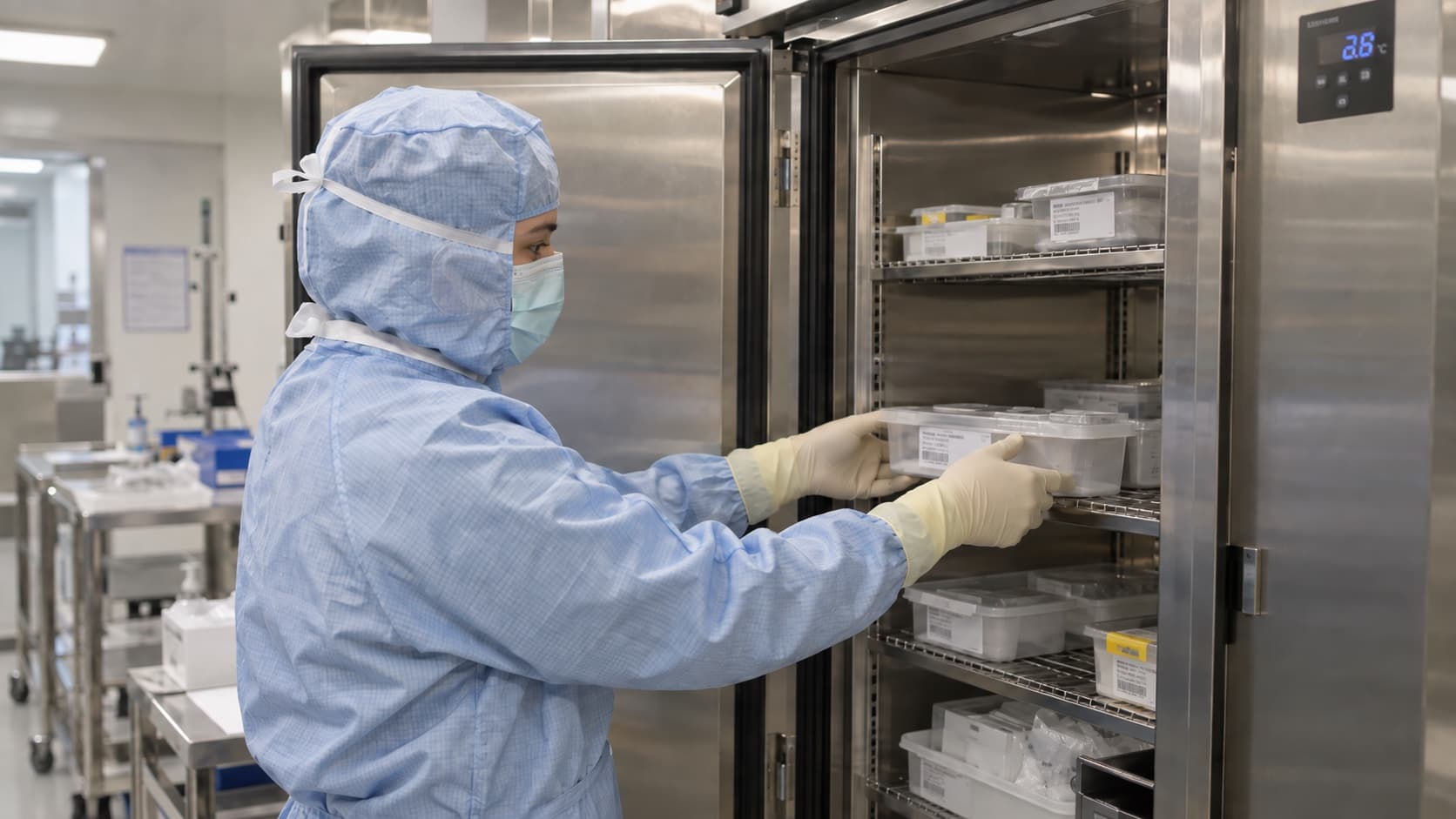 A technician in full cleanroom attire retrieving a compounded preparation from cold storage