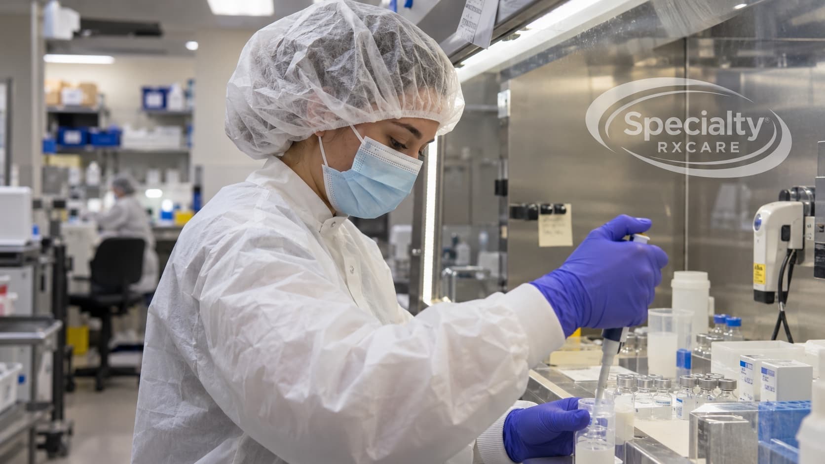 A Specialty Rxcare cleanroom technician preparing compounded vials