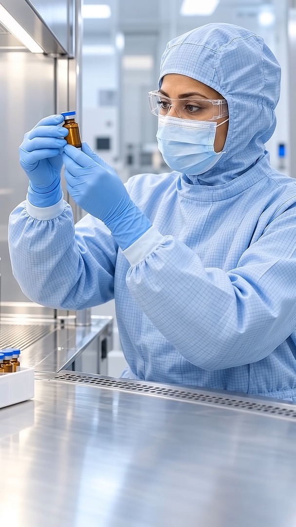 A pharmacist inspecting an amber vial